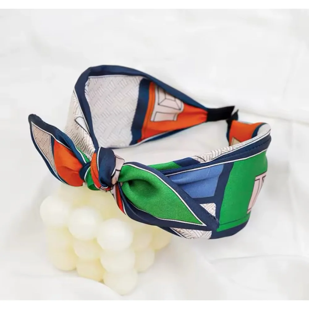 Women's Green & Orange Silk‎ Printed Bow Headband Wide